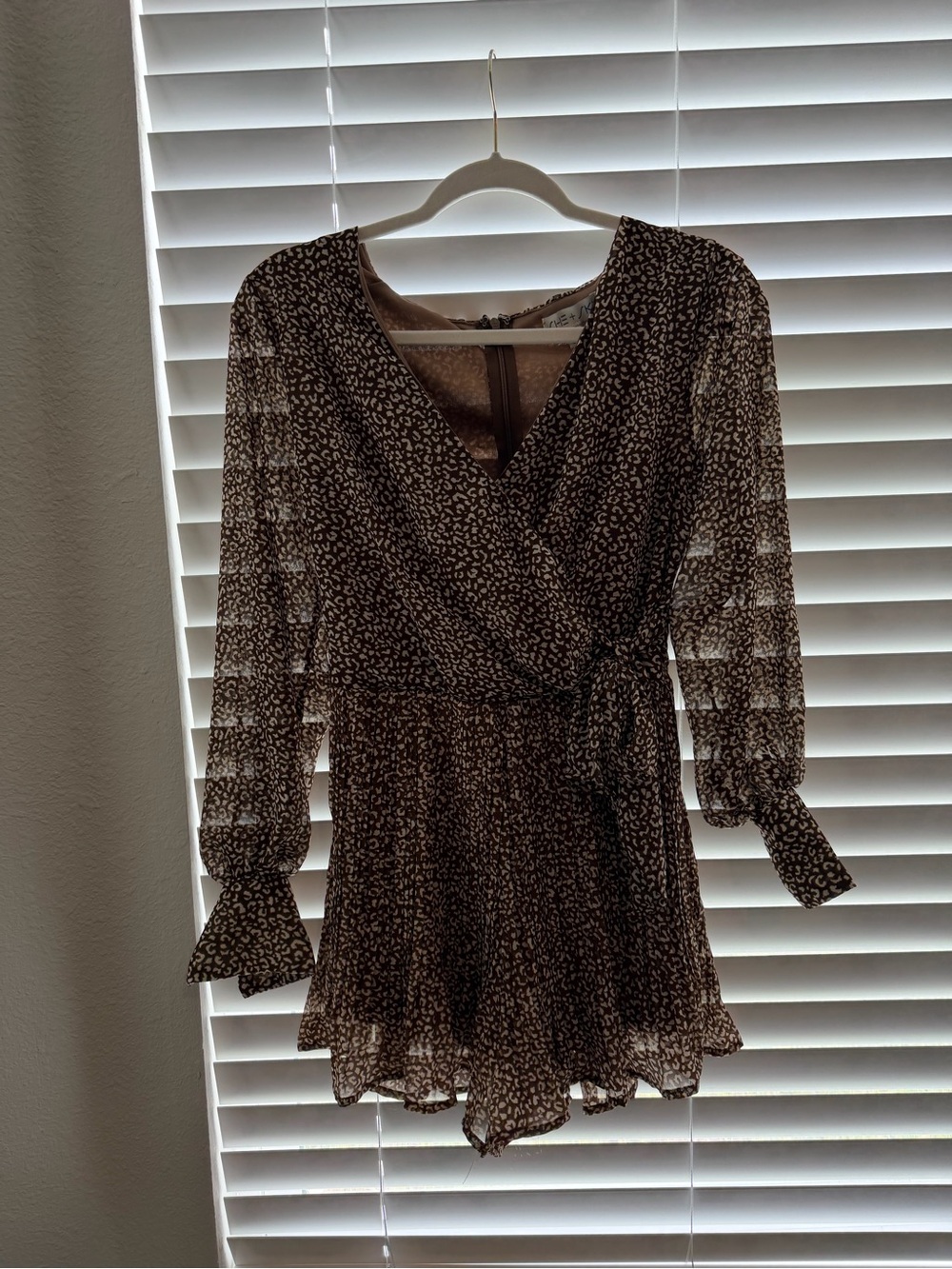 Brown Printed V-Neck Long Sleeve Wrap romper